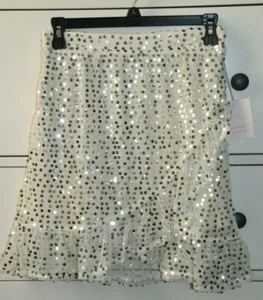 NUEVO CON ETIQUETAS Lauren Conrad Volantes Mini Plateado Lentejuelas Off White Falda Talla S ~ 15" de largo - Imagen 1 de 10