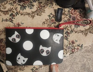 Lulu Guinness Polka Dot Cats In Sunglasses Clutch Purse Black White Red - Picture 1 of 3