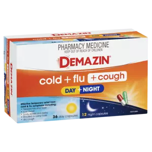 Demazin Cold + Flu + Cough Day + Night 48 Capsules Headaches and Fever Dry Cough - Picture 1 of 3
