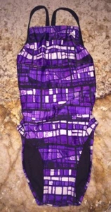 ADIDAS Stained Glass Vortex Back Purple Black 1pc Swim Suit Girls Female 12 2 28 - Picture 1 of 4