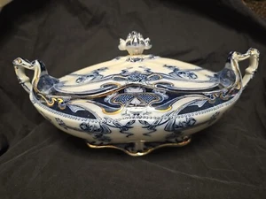 ROYAL STAFFORDSHIRE Iris FLOW BLUE Oval Covered Vegetable Dish w/ Lid BURSLEM - Picture 1 of 11