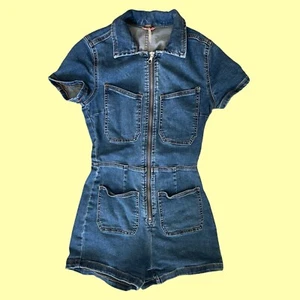 FREE PEOPLE denim bodycon short sleeve romper playsuit Size 0 - Picture 1 of 4