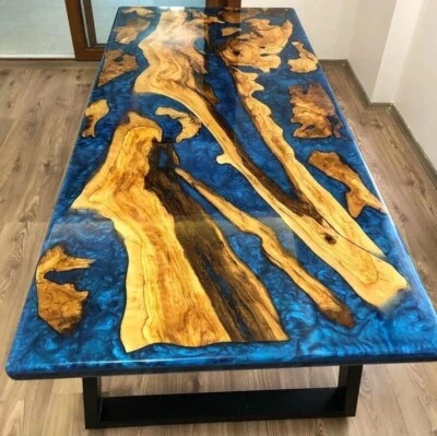 Blue Epoxy Wooden Live Edge Dining Center Table Top Handmade Furniture Decor Art - Image 1 of 4