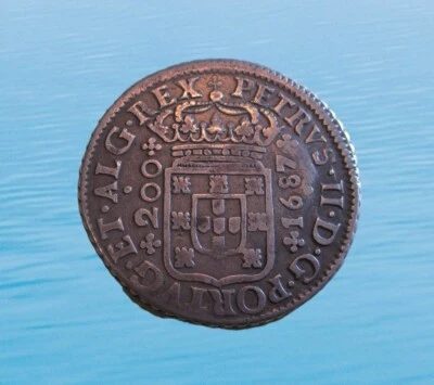 PORTUGAL 200 REIS 12 VINTENS LISBOA 1687 SILVER PEDRO II KM 148 #3292# - Image 1 of 2