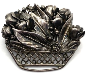 VINTAGE HOBE SIGNED 1940'S STERLING SILVER FLOWER BASKET BROOCH - Picture 1 of 7