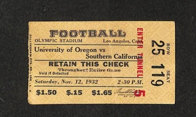 NOVEMBER 12, 1932 OREGON DUCKS @ SOUTHERN CAL COLLEGE FOOTBALL TICKET STUB, S119 - Image 1 of 2
