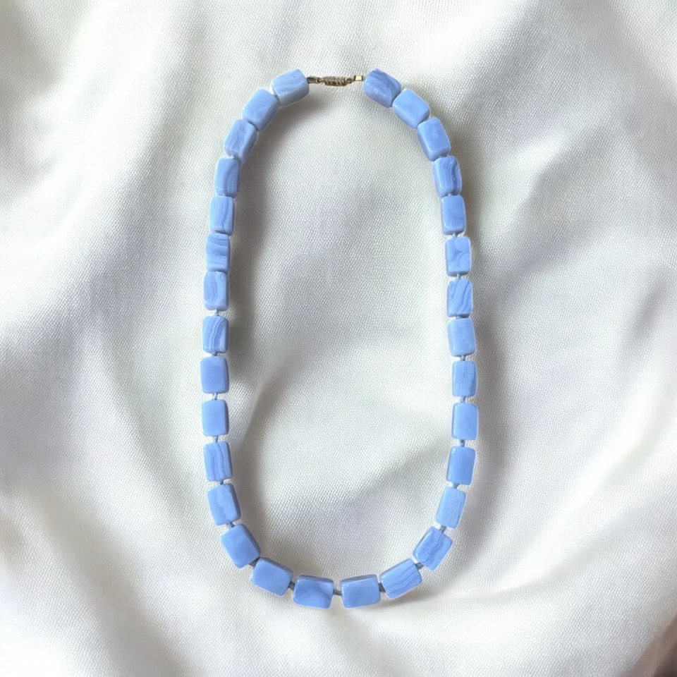 Beautiful Blue Lace Agate Beaded Rectangle Stones Polished Barrel Clasp - Image 1 of 4