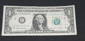1 Dollar Schein, binäre 2er und 1er ausgefallene Seriennummer 22211111 Fehlausrichtung oben drauf. - Bild 1 von 8