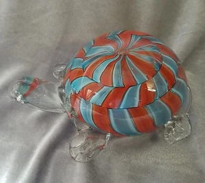 Gorgeous Designs Turtle Heavy Glass Blue Red Clear 7”x3”x3.5” Decor Paperweight  - Picture 1 of 12
