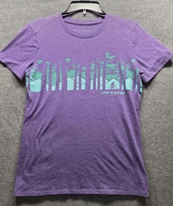 Life Is Good Cool Tee Shirt Womens Medium Tree Mountains Cycling Scene Purple - Picture 1 of 5