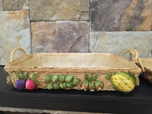 2 Vintage Casserole Woven Raffia Straw Rectangle Basket Embroidery Hand Made - Picture 1 of 5