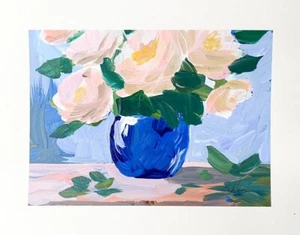 Original Painting Flowers in Cobalt Vase Impressionist Green Pink Signed 11x14" - Picture 1 of 4