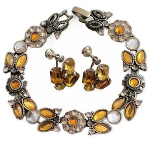 Vintage Heirloom Golden Sunflower Gemstone Bracelet Earrings Set 1960s Rare Find - Picture 1 of 7