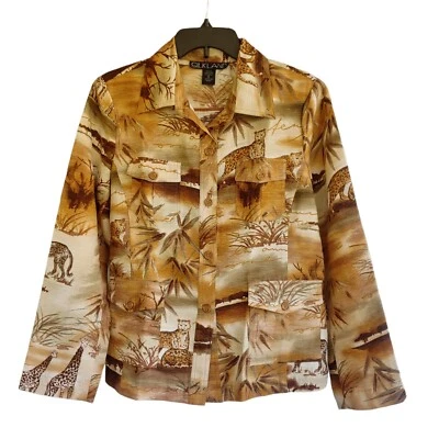 Silkland Safari 纽扣 4 口袋丝绸衬衫领长袖女式 M 码 — 第 1/4 张图片