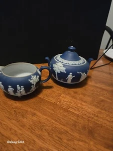 Antique Wedgwood Dark Cobalt Blue Jasperware Creamer & Sugar Bowls - Picture 1 of 7