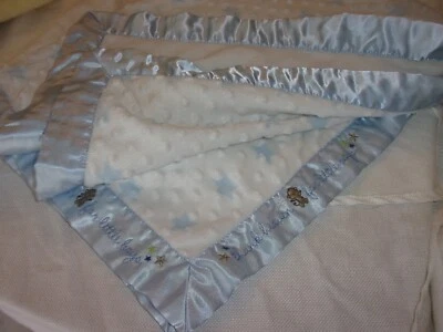 Carters Just one Thank Heaven minky Baby Boys Blue white Blanket monkey stars - Imagem 1 de 2