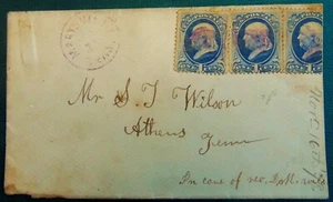 US # 134 1870 1 Cent Benjamin Franklin on a post card 3 stamps very rare - Picture 1 of 2
