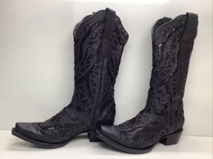 WOMENS JB DILLON COWBOY SNIP TOE INLAY BLACK BOOTS SIZE 7.5 B - Picture 1 of 9