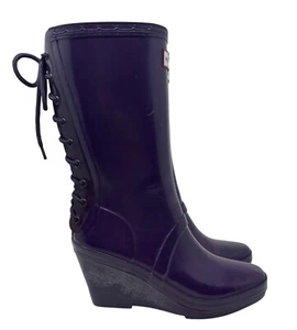 Hunter Womens Purple Lace-Up Rubber Wedge Rain Boots Size 8 - Picture 1 of 18