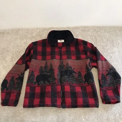 Black Mountain 女式羊毛夹克复古熊驼鹿水牛格子全拉链中号 — 第 1/4 张图片