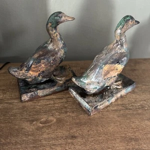 Rare Vtg TOYO Japan Pair Of Duck Mallards Lots Of PATINA On Brass And Cast Iron - Picture 1 of 10