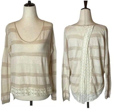 Free People Shirt Women XS Cream Striped Linen Blend Knit Split Back Boho Top - Image 1 of 4