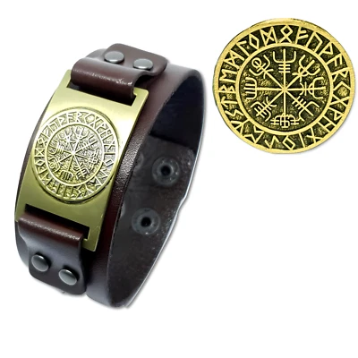Vegvisir Bracelet Leather Cuff Viking Gold Tone Magic Stave Compass Rune Sigil - Image 1 of 4