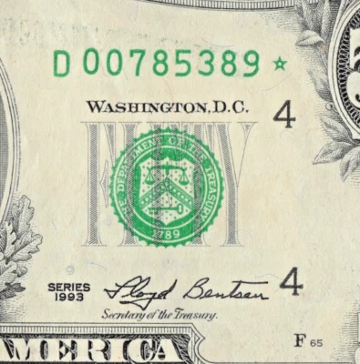 $50 1993 Star Federal Reserve Note D00785389* Cl Slight Back to Front Ink Transf - Image 1 of 4