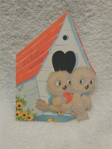 Tarjeta de San Valentín vintage Flocked Birds Birdhouse Gibson Greetings Inc 1947 años 40 - Imagen 1 de 3