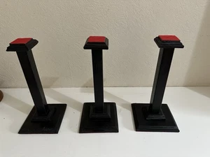 Set of three German , helmet display stands , solid wood ,12” tall.felted , - Picture 1 of 5