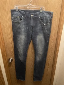 True Religion Jeans Mens 38x32 Blue Rocco Relaxed Skinny Stretch Distressed - Picture 1 of 8