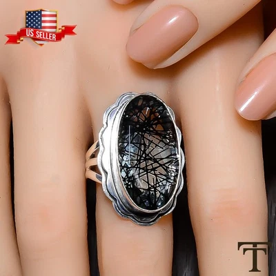 Oferta de Navidad Ovalado NEGRO RUTILADO CUARZO Piedras Preciosas Anillo Declaración Plata 925 Foto 1 de 4