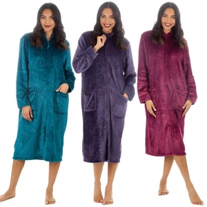 Womens Zip Robe Housecoat Ladies Embossed Fleece Dressing Gown Size 10-24 - Picture 1 of 31