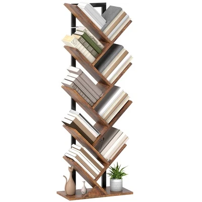HOMCOM 9-Tier Tree Bookshelf with Steel Frame for Living Room, Rustic Brown - Image 1 of 4