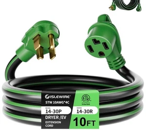 Cable de extensión ISLEWIRE 4 clavijas secadora/EV 10 pies, 30 amperios NEMA 14-30P a 14-30R 125 - Imagen 1 de 12