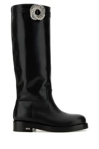 MACH & MACH Crystal Galaxy Knee High Black Leather Riding Boots New & Authentic - Picture 1 of 5
