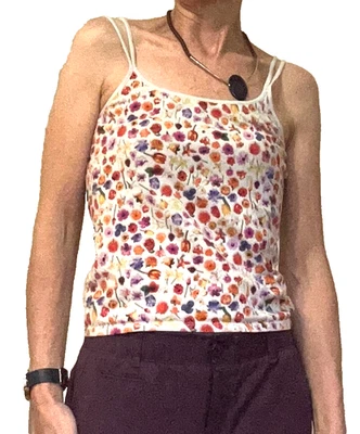 PINK Camisole Spaghetti Stripes White Floral Print Cotton-Spandex Tank Top Sz M - Image 1 of 4