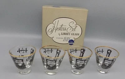 Libbey Curio Hostess Set Unused Design by Freda Diamond 4 Shot Glass Jiggers Vtg - Image 1 of 4