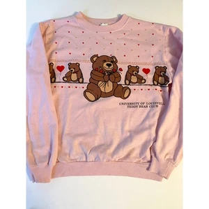 Vintage 80s University of Louisville Teddy Bear Club Crewneck Sweatshirt Pink L - Picture 1 of 11