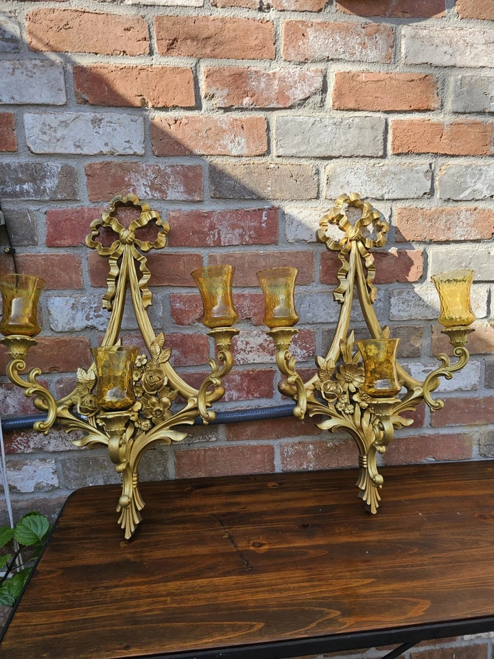 "2 apliques de pared grandes Hollywood Regency Syroco de 3 brazos 26"" x 16"" y 6 votivos" Foto 1 de 4