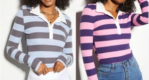 Rue 21 Women's Striped Long Sleeve Polo Top - Picture 1 of 3