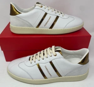 Salvatore Ferragamo Achille 2 Leather Sneakers Bianco White Gold 9 M $830 - Picture 1 of 23