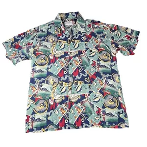 VTG Tori Richard Shirt Mens Large Blue Green Short Sleeve Long Fin Banner Fish - Picture 1 of 10