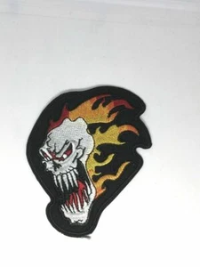 halloween FLAMING SKULL iron-on embroidered PATCH EVIL FIRE FLAME SKELETON FIRE - Picture 1 of 1