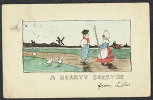 1904 EVII 1/2d Green on Handpainted Postcard Dutch Scene Ilford to Earls Court - Picture 1 of 2