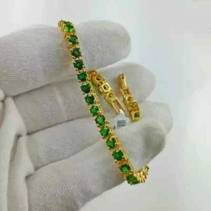 12Ct Lab Created Green Emerald Women's Tennis Bracelet 14K Yellow Gold Plated - Picture 1 of 5