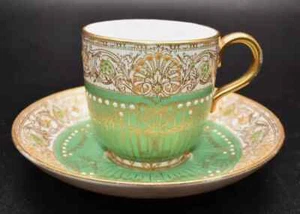 Excelente taza y platillo de café dorado dorado con joyas Royal Worcester antiguo de 1930 - Imagen 1 de 9