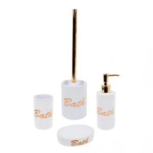 SET 4 ACCESSORI DA BAGNO IN CERAMICA BIANCO ORO SCOPINO PORTA E DOSA SAPONE BATH - Foto 1 di 5