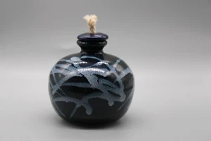 ART POTTERY CERAMIC OIL LAMP SIGNED 4" ROUND COBALT BLUE NEVER USED - Picture 1 of 6
