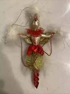 De Carlini Vtg Showgirl Glass Ornament Feathers Gold Red Glitter Italy 10" - Picture 1 of 14